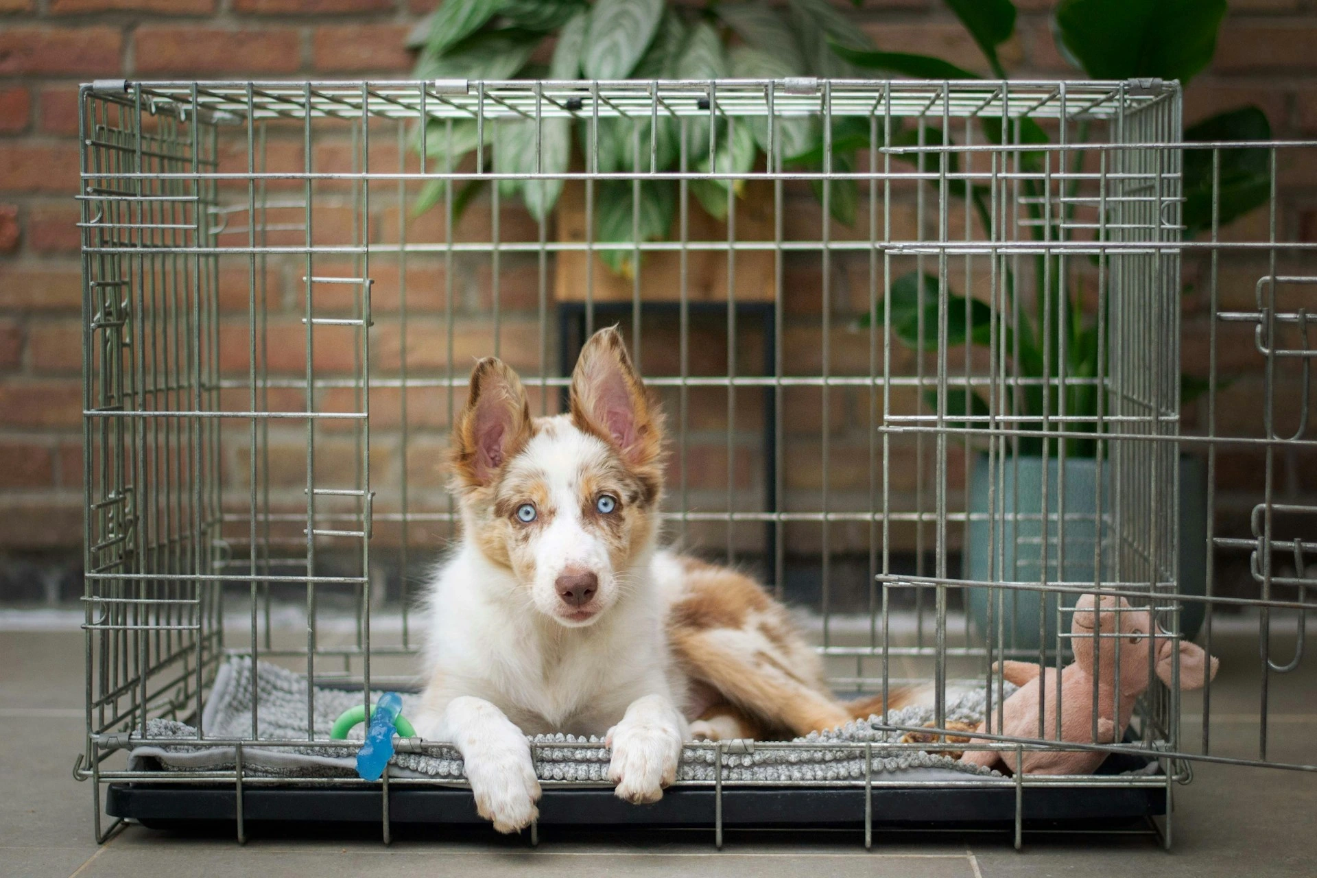 A light tan puppy lying inside an open metal wire crate.